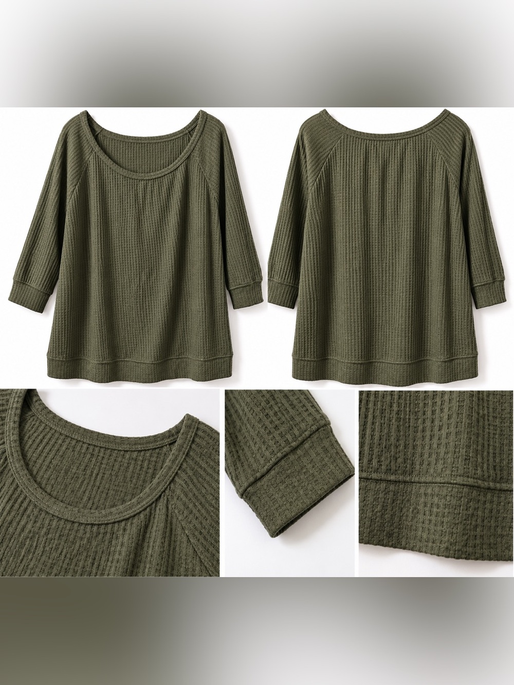 Torrid 1X Olive Green Waffle Knit Top 3/4 Sleeve Scoop Neck Relaxed Fit
